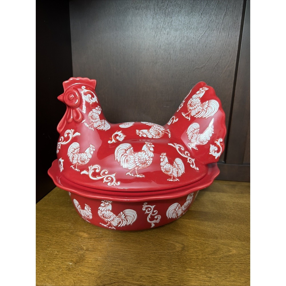 Temp-tations 2 Qt Red/White Chicken Ceramic Bowl w/ Lid 2pc Brand New